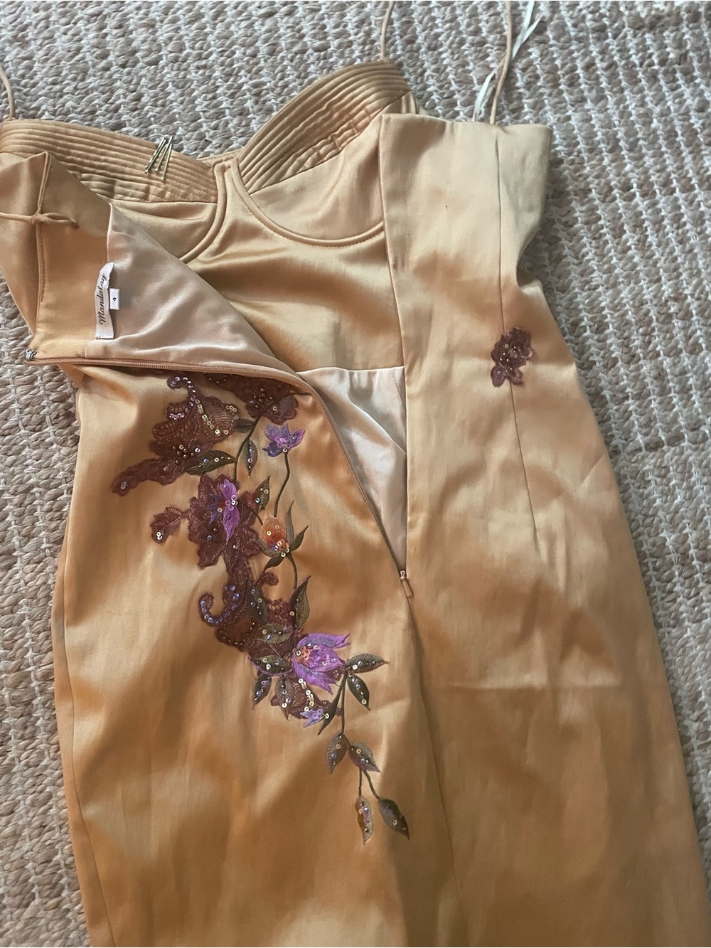 Gold Satin Lace Slip Dress with Floral Appliqué Mandalay Designs - Picture 6 of 7